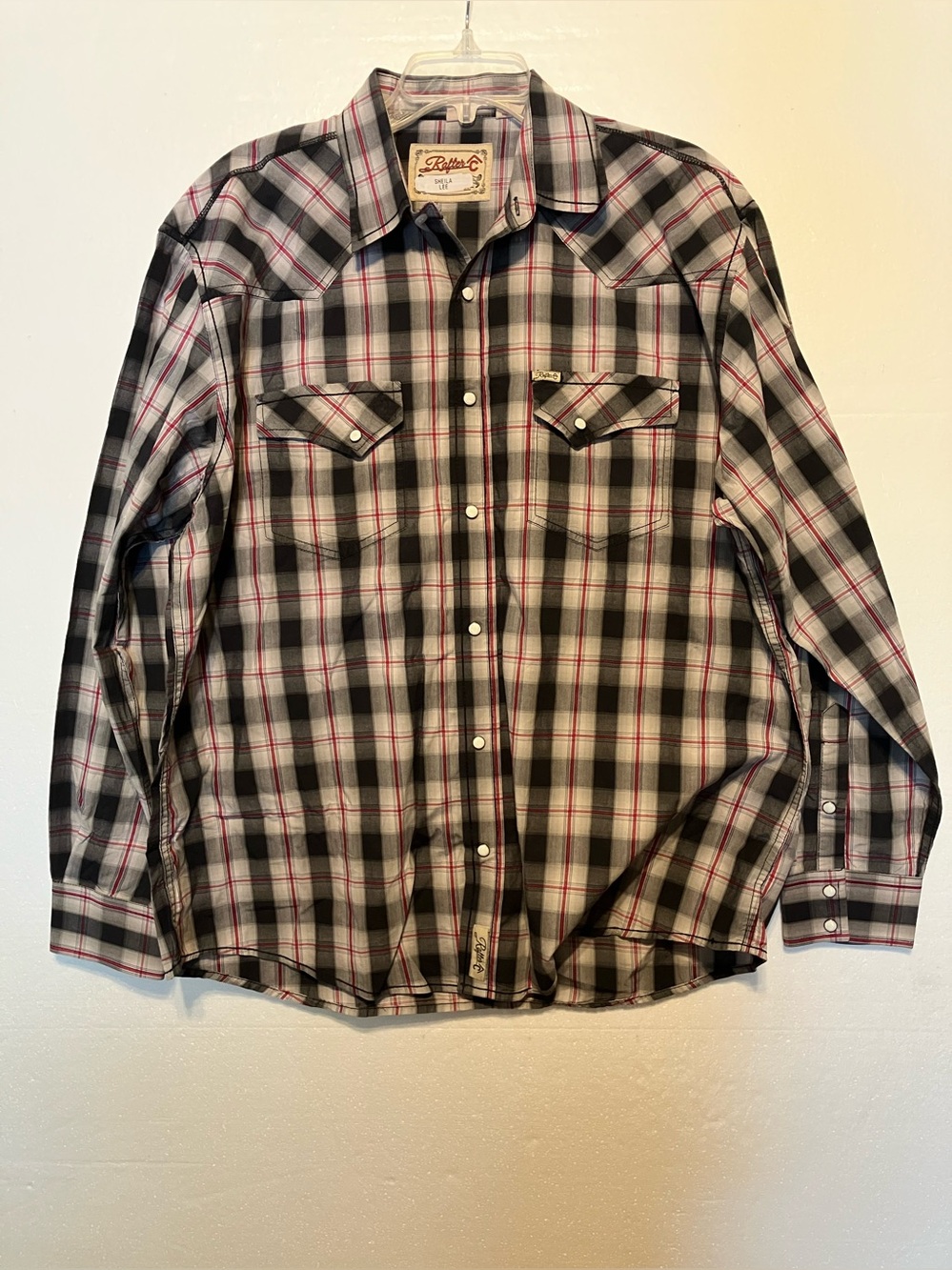 Rafter-C Men’s XL Black, Gray & Red Plaid Button-Down pearl Snap Western Shirt